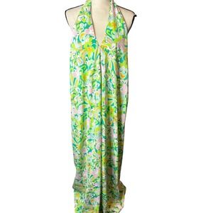 Pink Lily Maxi Dress Women's L Green Pink Floral Halter Sleeveless Lined